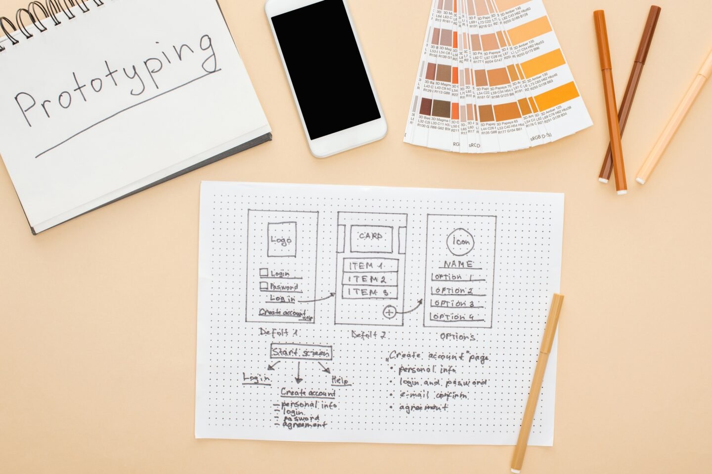 top view of smartphone near website design template, color palette, felt-tip pens and notebook with